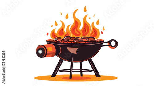 Barbecue With Fire Icon Flat Vector.
