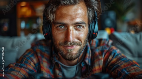 With headphones on and a joystick, a joyful man is playing with headphones