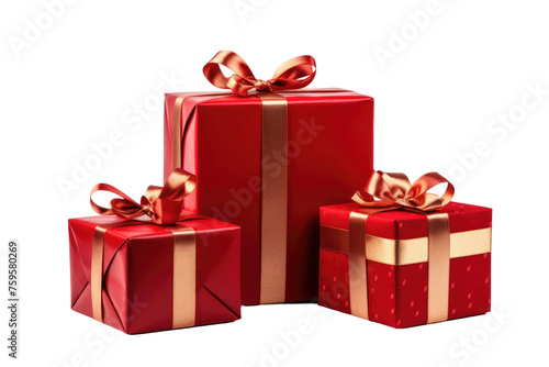 Three Red Gift Boxes With Gold Ribbons and Bows. on a White or Clear Surface PNG Transparent Background. photo