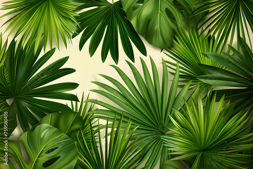 Hand-drawn seamless pattern of fan palm tropical leaves on a light background, ideal for web, card, poster, cover, invitation, brochure. photo