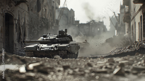 A modern battle tank prowls through a war-torn city s desolate streets.