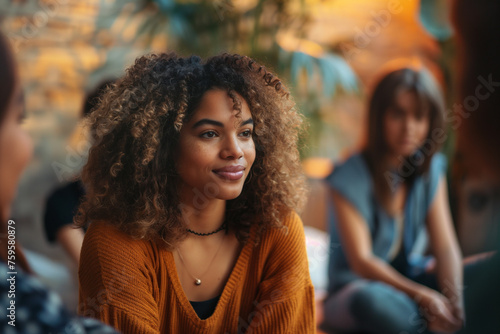 Group therapy session, friends smiling giving psychological support, psychotherapy counseling