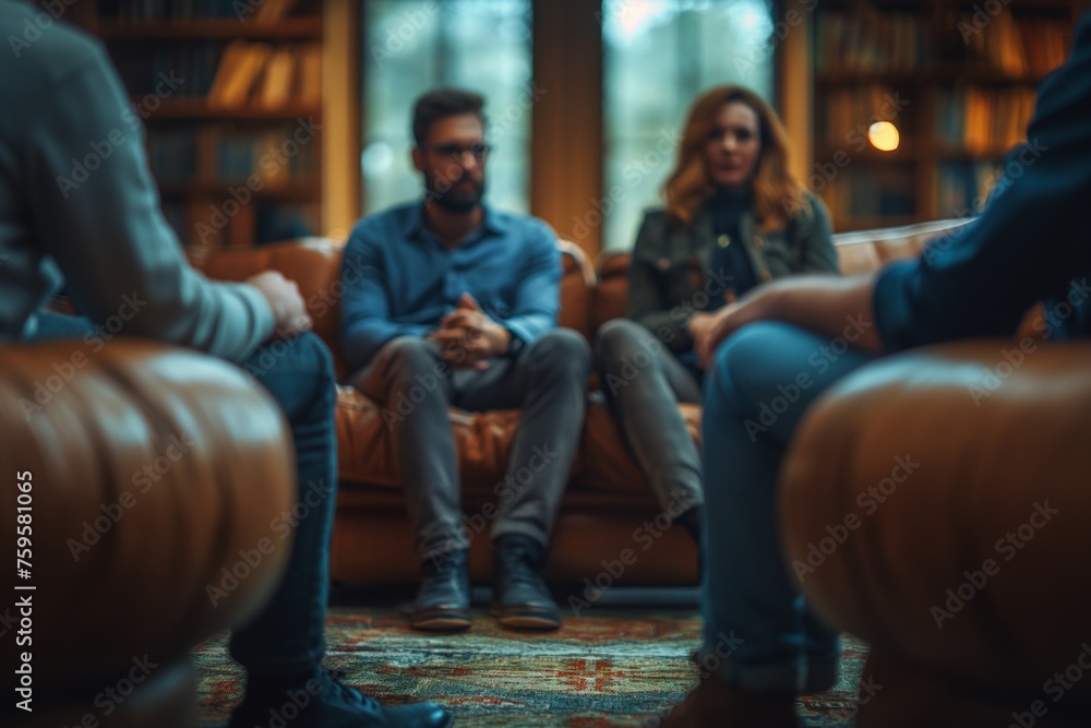 Diverse people sitting in a close circle and talking to a therapist. Group therapy session Diverse people sitting in a close circle and talking to a therapist. Group therapy session