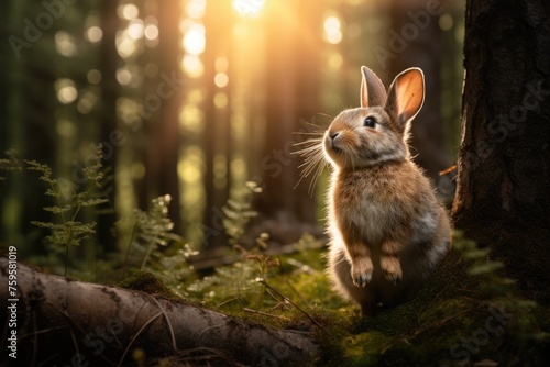 a rabbit standing on a tree in the forest. The rabbit has brown fur with a white belly and long ears. He looks straight into the camera with an expression of curiosity. photo