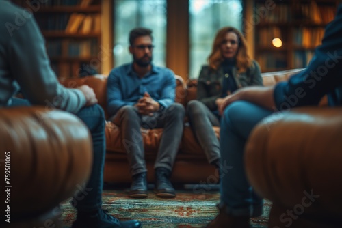 Diverse people sitting in a close circle and talking to a therapist. Group therapy session