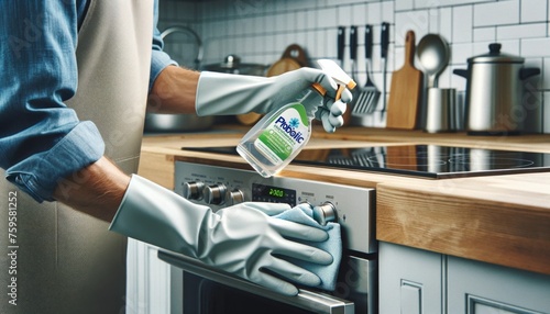 a professional cleaner's hands using probiotic disinfectants on kitchen appliances photo