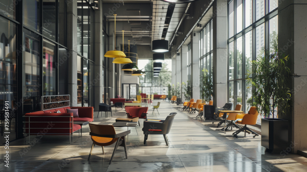 Naklejka premium Modern office interior bathed in natural light with stylish furniture and colorful accents.