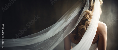 Beautiful bride with wedding dress and veil from behind