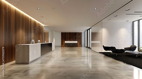 Modern minimalist office interior design with minimalist flooring options like polished concrete or hardwood