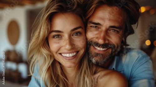 Couple holding keys while looking at camera on background of new house on side view