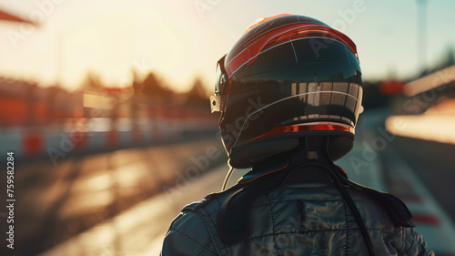 Race car driver in helmet gazes ahead, anticipation before the race on the track.