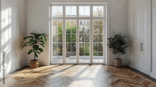 Living room interior with white walls, laminate floor and doors leading to balcony © DZMITRY