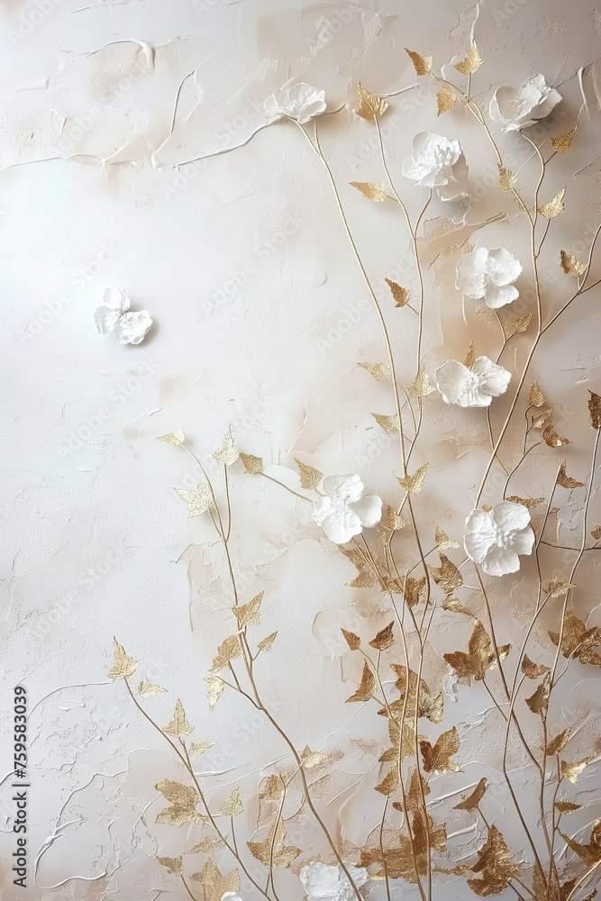 Textured wall with gold leaf and white florals