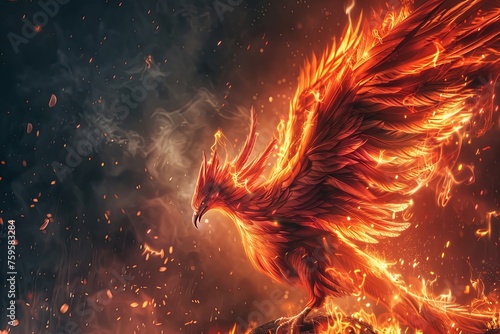 A striking red fire bird, resembling a phoenix, gracefully flying over a rugged rocky cliff with determination and grace. Generative AI