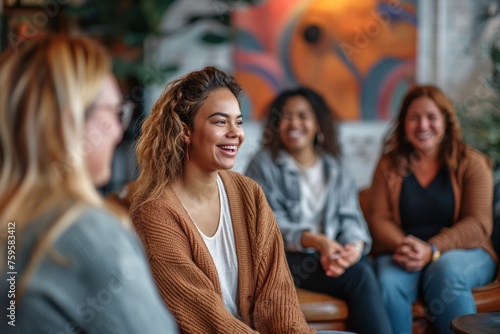 Group therapy session, friends smiling giving psychological support, psychotherapy counseling