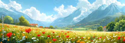 A cute illustration of a tranquil countryside village, with a field of flowers and mountains in the background, perfect for use as a poster or background