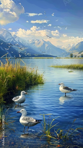 Red billed gulls  mallard  wetlands  grass  blue lake water  mountains in the distance  Sunny  natural light