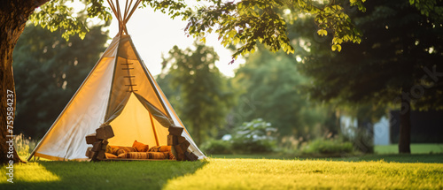 Children wigwam tent or teepee tent on the green grass photo