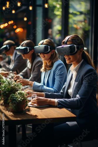 Virtual Business Meeting  Professionals wearing VR headsets engaged in a virtual business meeting.