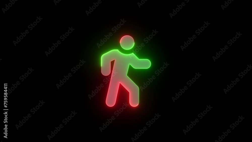 Neon people walk icon green red color glowing animation black background Neon people walk icon green red color glowing animation black background