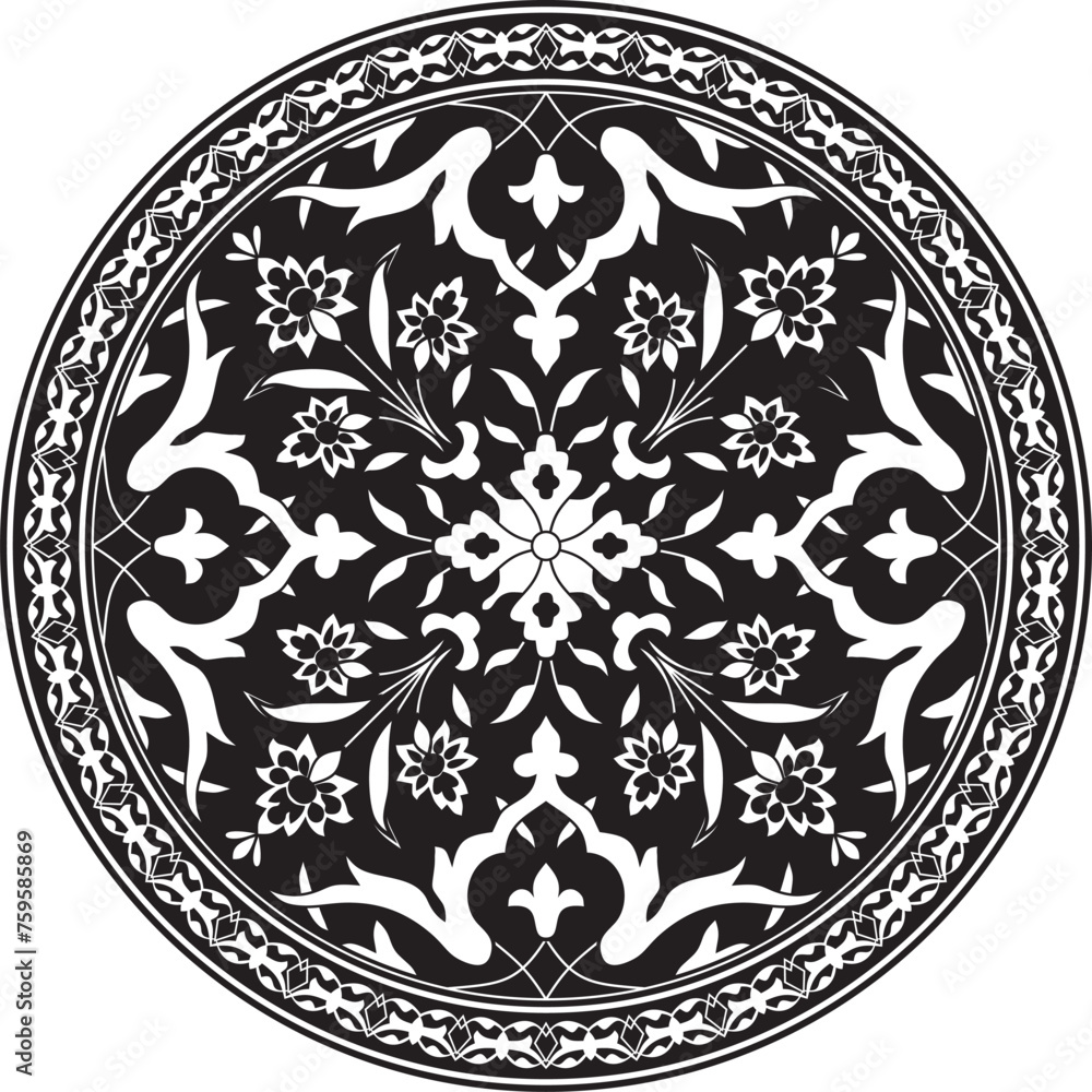 Vector black monochrome round turkish ornament. Ottoman circle, ring, frame.