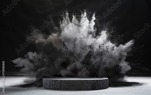 Black background with black stone podium for technical product presentation in front of a powder explosion, concept of robustness and durability