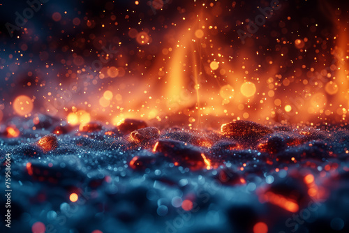 Glowing embers floating atop a bed of snowflakes, portraying the delicate balance between warmth and cold. Concept of atmospheric equilibrium. Generative Ai.