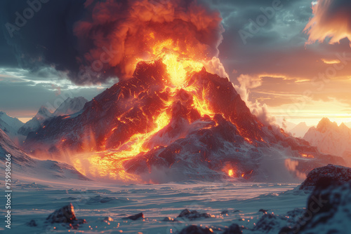 A volcanic eruption amidst a snowy wilderness, exemplifying the raw power and contrast between heat and cold. Concept of geothermal juxtaposition. Generative Ai.