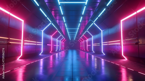 Futuristic Neon Tunnel: Luminous Blue and Pink Lights Adorn an Empty Virtual Corridor