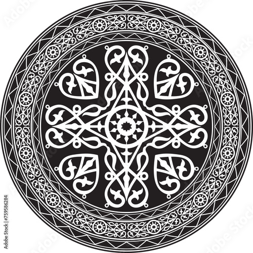 Vector round monochrome Yakut national ornament. Ethnic circle pattern of the peoples of the Far North, Siberia, taiga and tundra