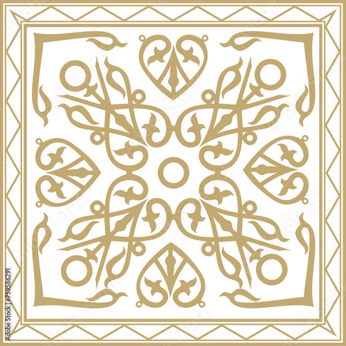 Vector gold square Yakut ornament. An endless rectangular border, a frame of the northern peoples of the Far East.