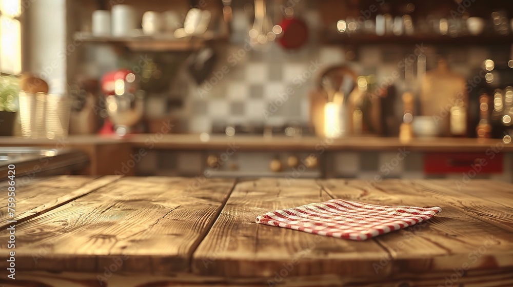 blurred background of retro kitchen with kitchen desk napkin 
