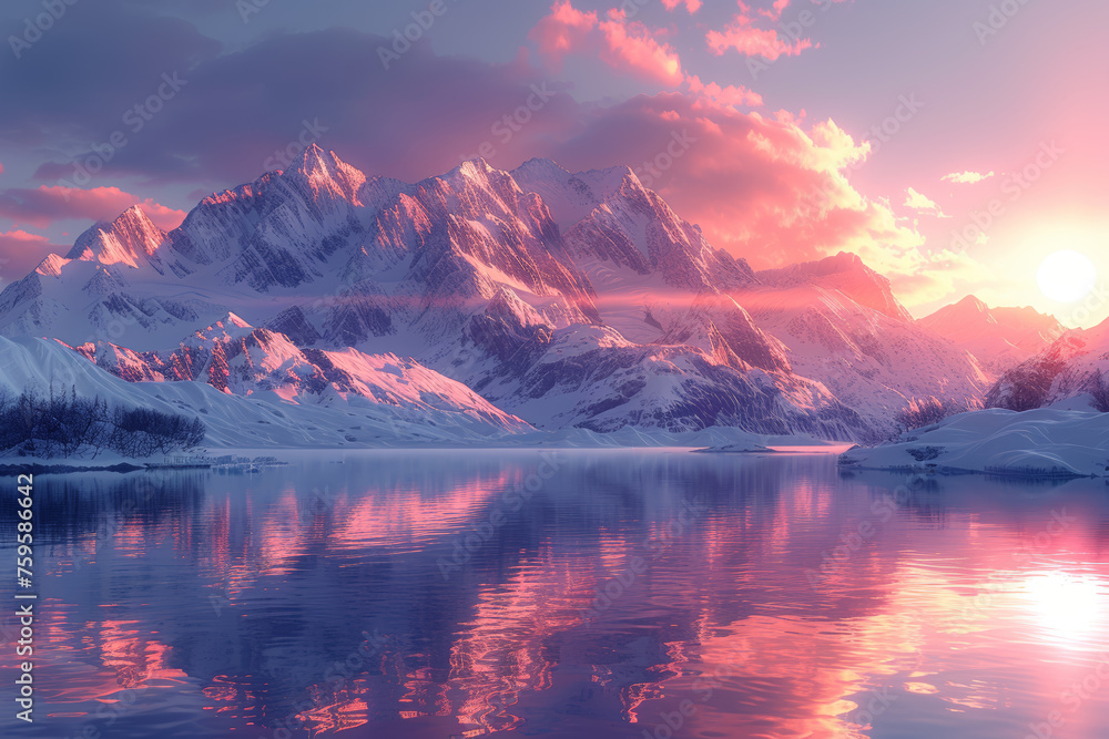 Glacial peaks reflecting the warm hues of a setting sun, illustrating the serene interplay of opposing elements. Concept of twilight convergence. Generative Ai.
