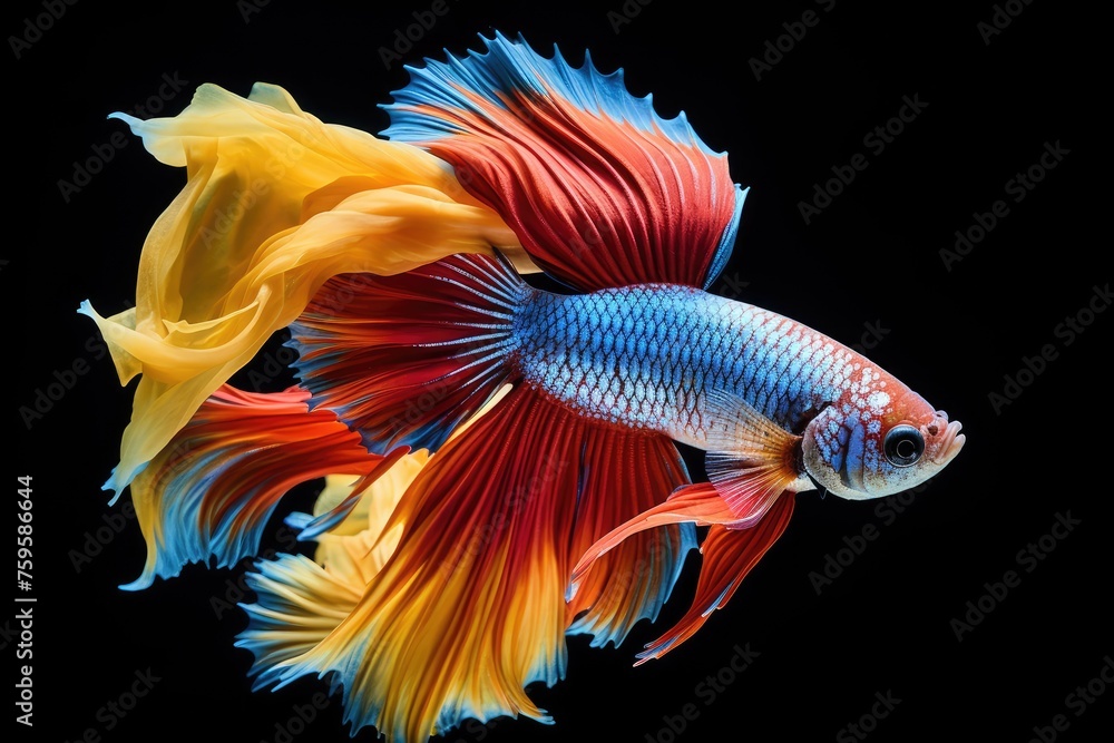 A colorful, multicolored fish on a black background. Close-up.