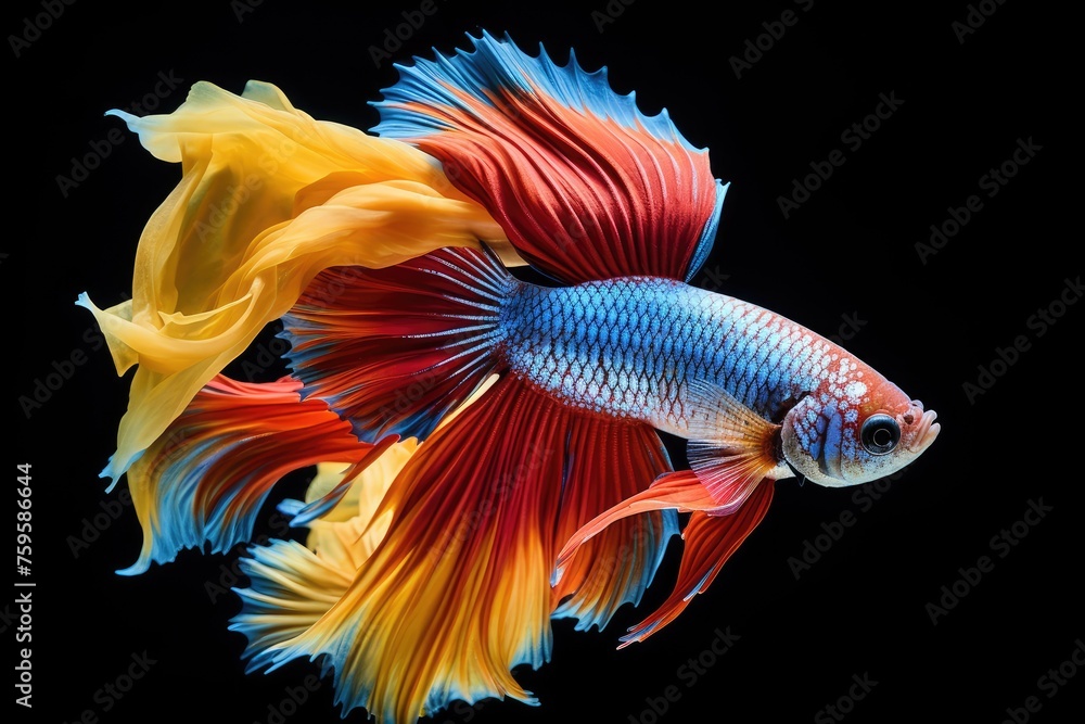 Fototapeta premium A colorful, multicolored fish on a black background. Close-up.