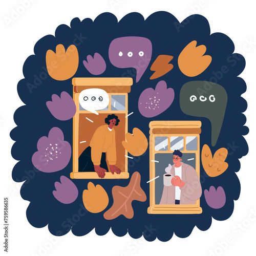 Cartoon vector illustration of neighbors chatting while they looking out of their window