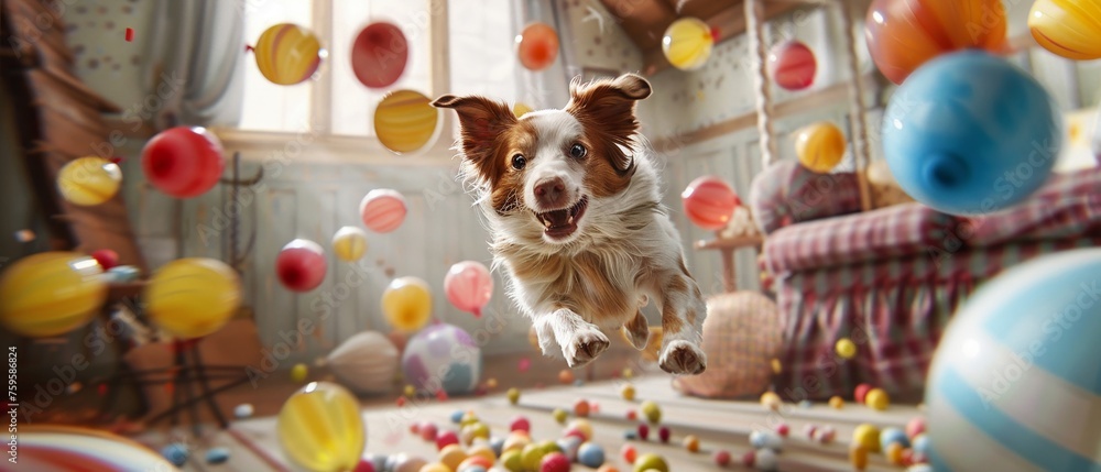 A curious dog, mid-leap in a cozy room, surrounded by an enchanting array of sweets floating like balloons, eager to taste the magic