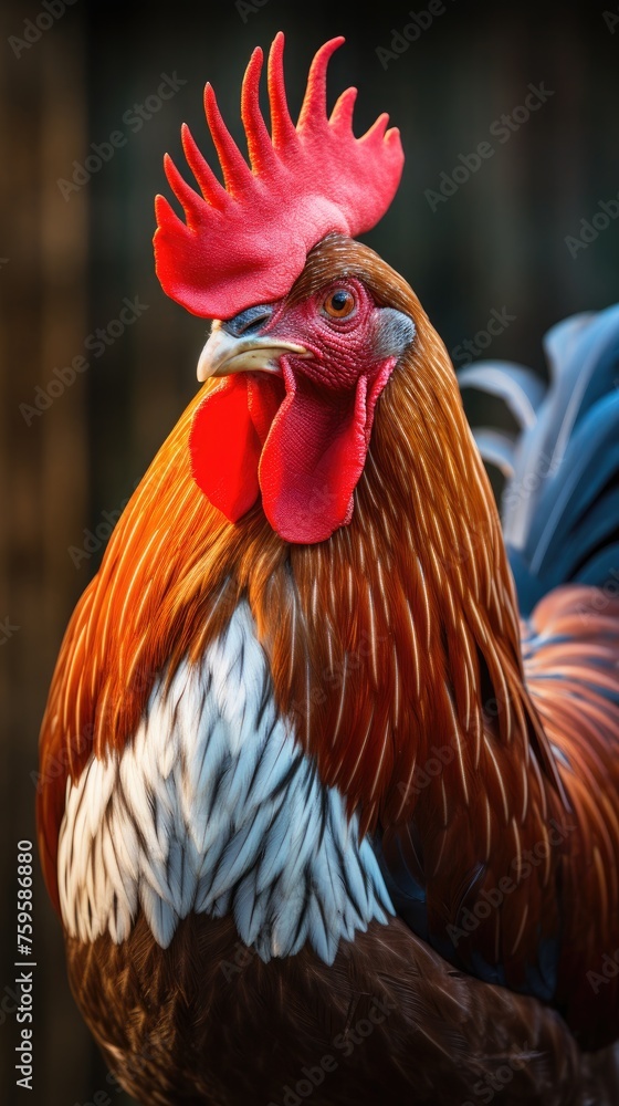 The face of a rooster. Close-up of the face of poultry.