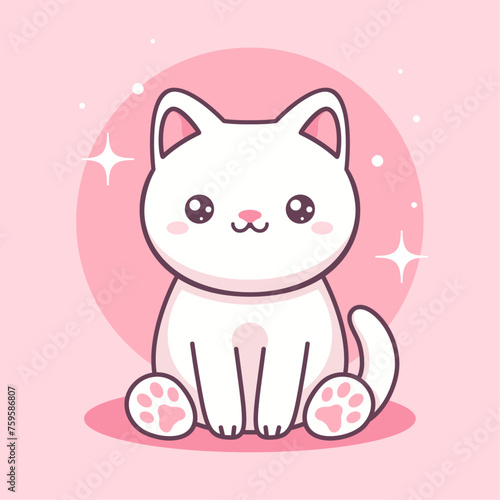 White kawaii cat on pink background. Vector cute animal character.