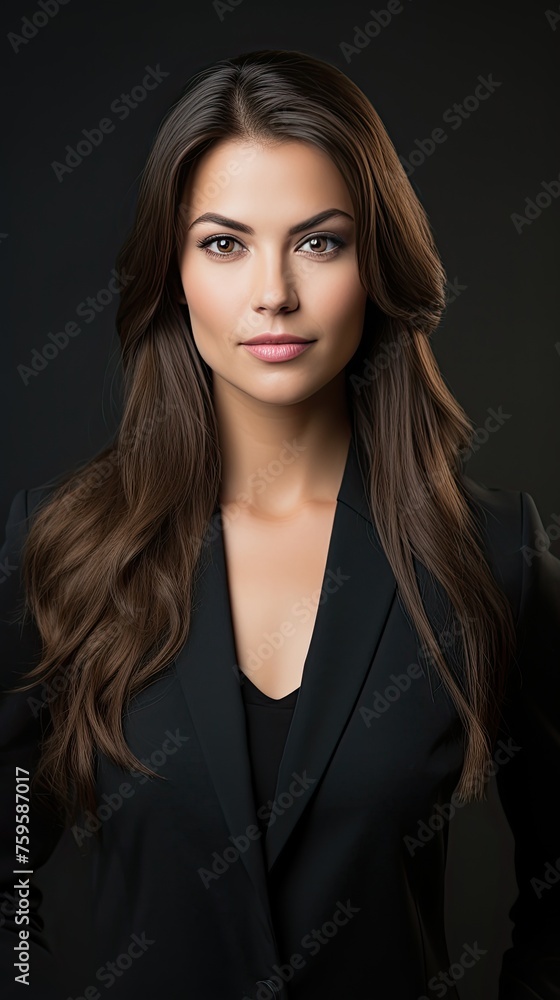 Portrait of a business girl. Young woman with long dark hair on a black background Close-up Portrait of a business girl. Young woman with long dark hair on a black background Close-up