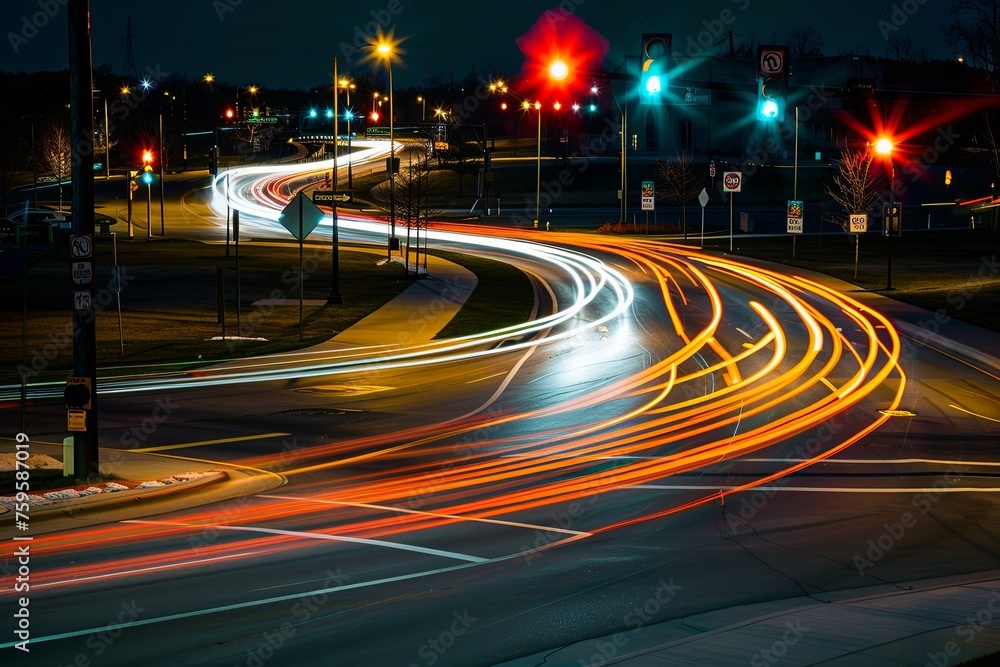 A city street bustling with traffic at night, showcasing streaking lights from numerous vehicles moving through the urban landscape. Generative AI A city street bustling with traffic at night, showcasing streaking lights from numerous vehicles moving through the urban landscape. Generative AI