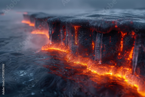 Flames licking the edges of glacial formations, showcasing the boundary where heat confronts the icy frontier. Concept of elemental boundary. Generative Ai.