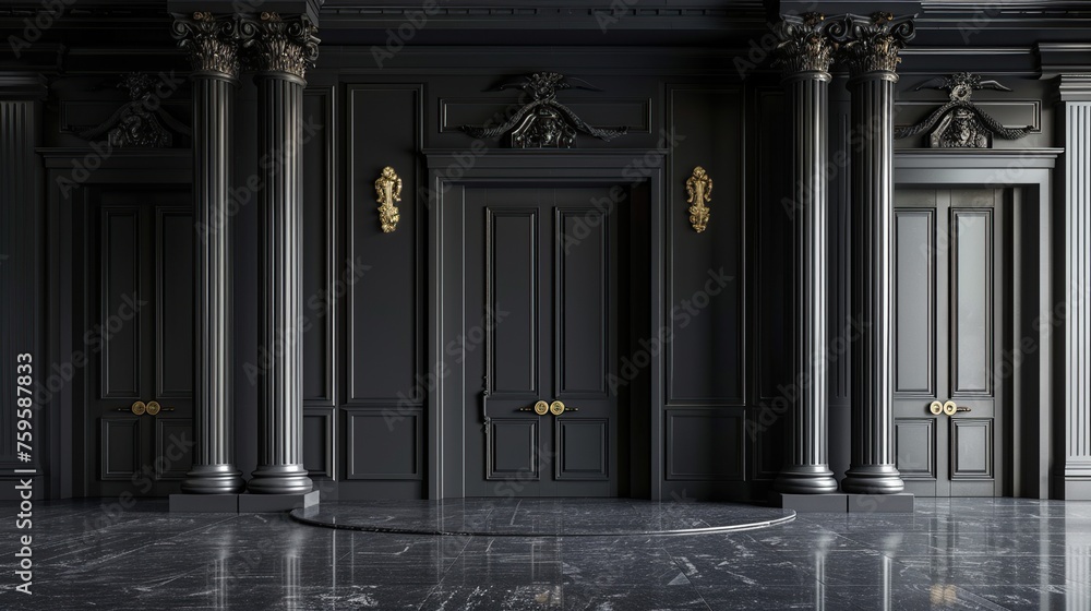 Elegant black door with classic columns and pillars. Interior colonnade stunning architecture background