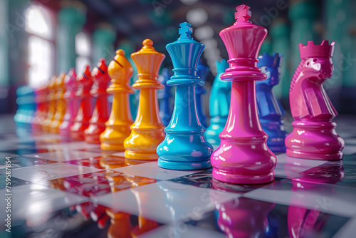 A colorless chessboard evolving into a spectrum of hues as players engage in a strategic and colorful battle. Concept of strategic diversity. Generative Ai.
