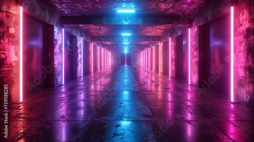 Modern Futuristic Sci Fi Concept Club Background Grunge Concrete Empty Dark Room With Neon Glowing Purple And Blue Pink Neon Lights.
