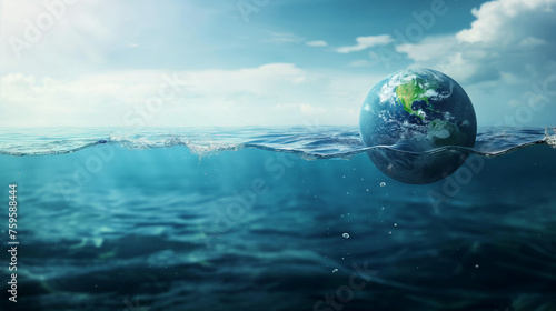 Earth floating in the pure water or sea. Water saves the earth and the world concept. save pure water. climate change, global warming. Water day. 