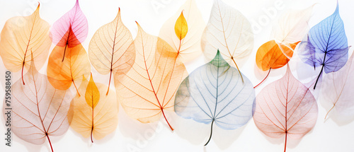Colorful transparent and delicate skeleton leaves 