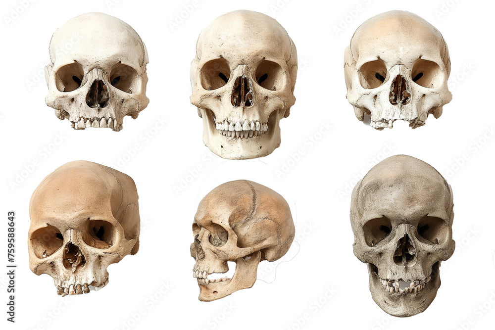 Set of human skulls isolated on a transparent background
