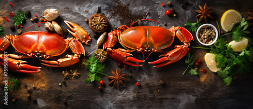 Cooked crabs with spices and herbs on slate table. 