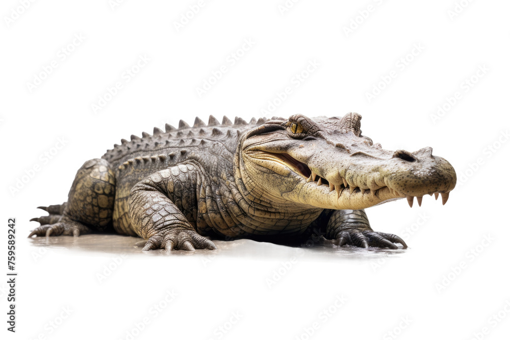 Fototapeta premium Large Alligator Sitting on White Floor. on a White or Clear Surface PNG Transparent Background.